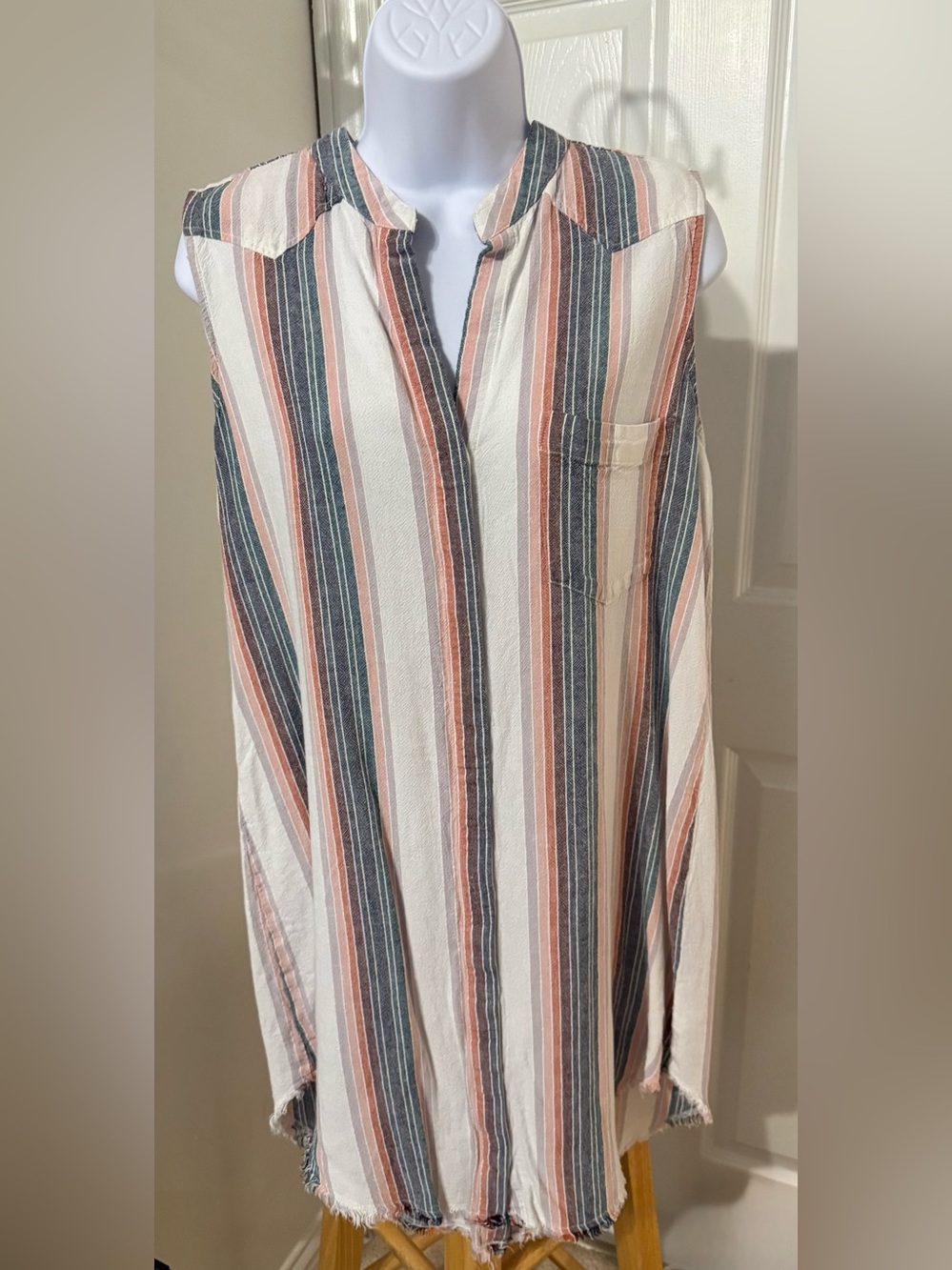 Cloth & Stone Anthropologie Striped Linen Blend Sleeveless Shirt Dress Raw Hem